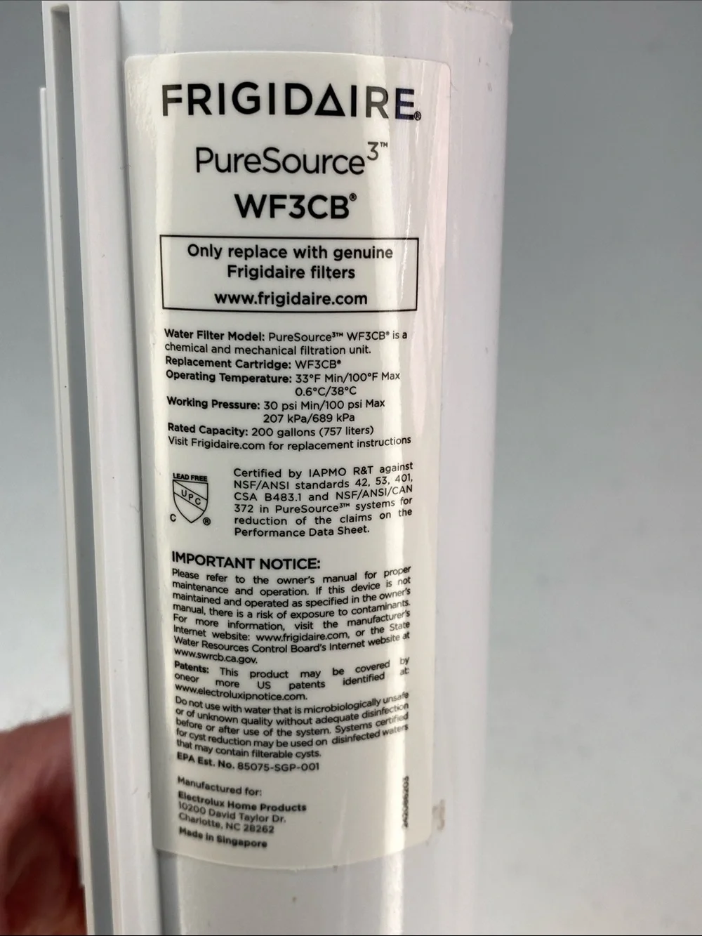 Frigidaire PureSource3 WF3CB Refrigerator Water & Ice Filter - White